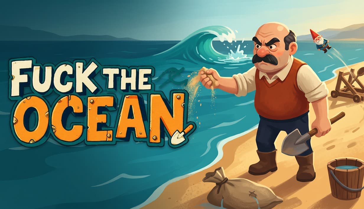Fuck the Ocean key art: a furious man throws a handful of sand at the sea while a garden gnome flies overhead