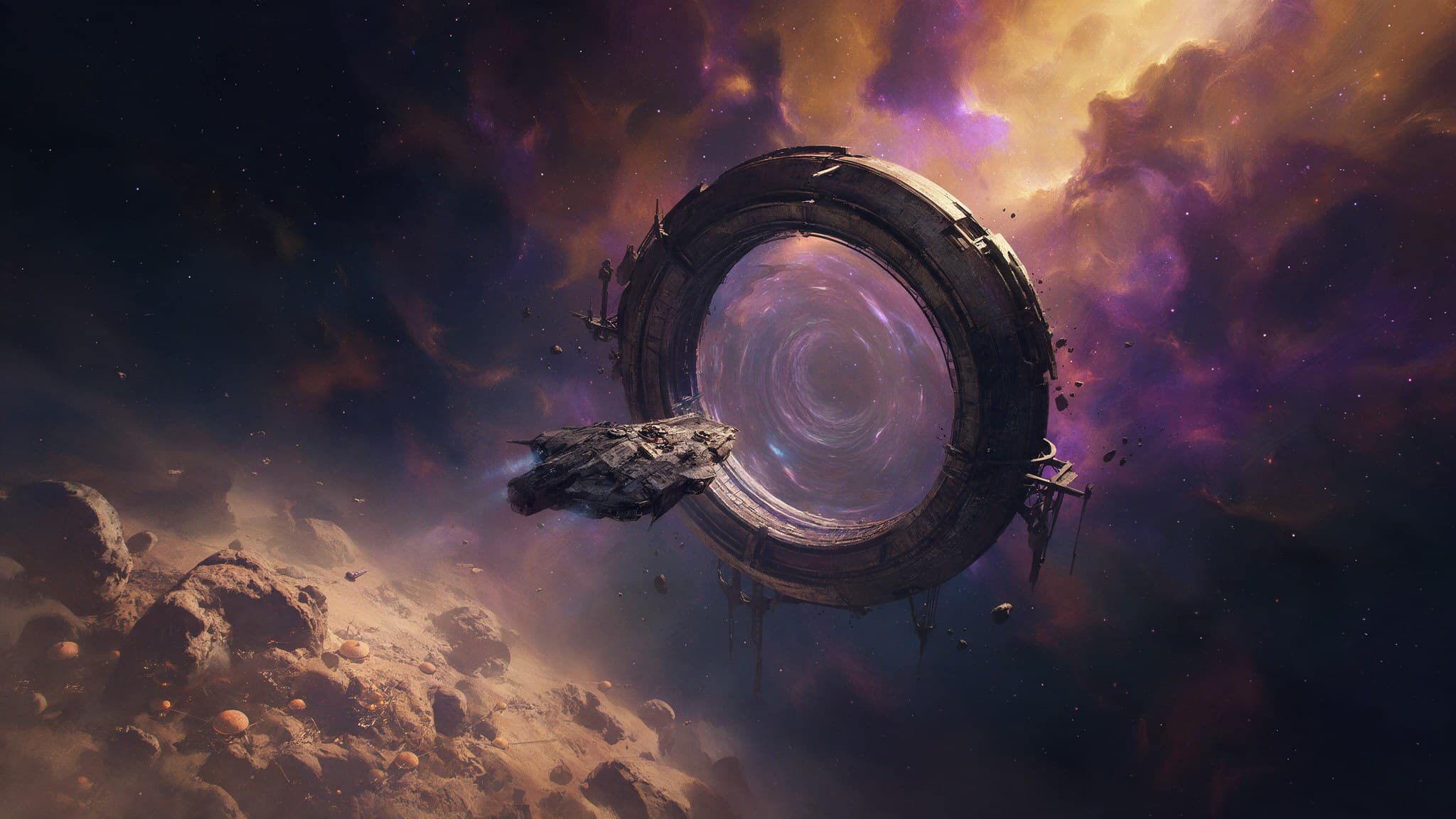 Gateborn concept art: a small scout ship approaches an immense ancient ring gate above a dusty asteroid field