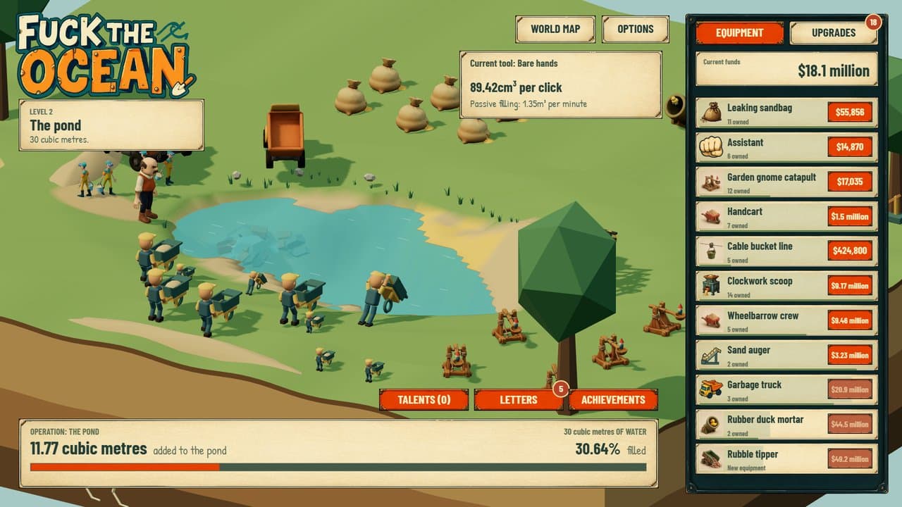 Gameplay: a working shoreline at the pond, crew and catapults in motion